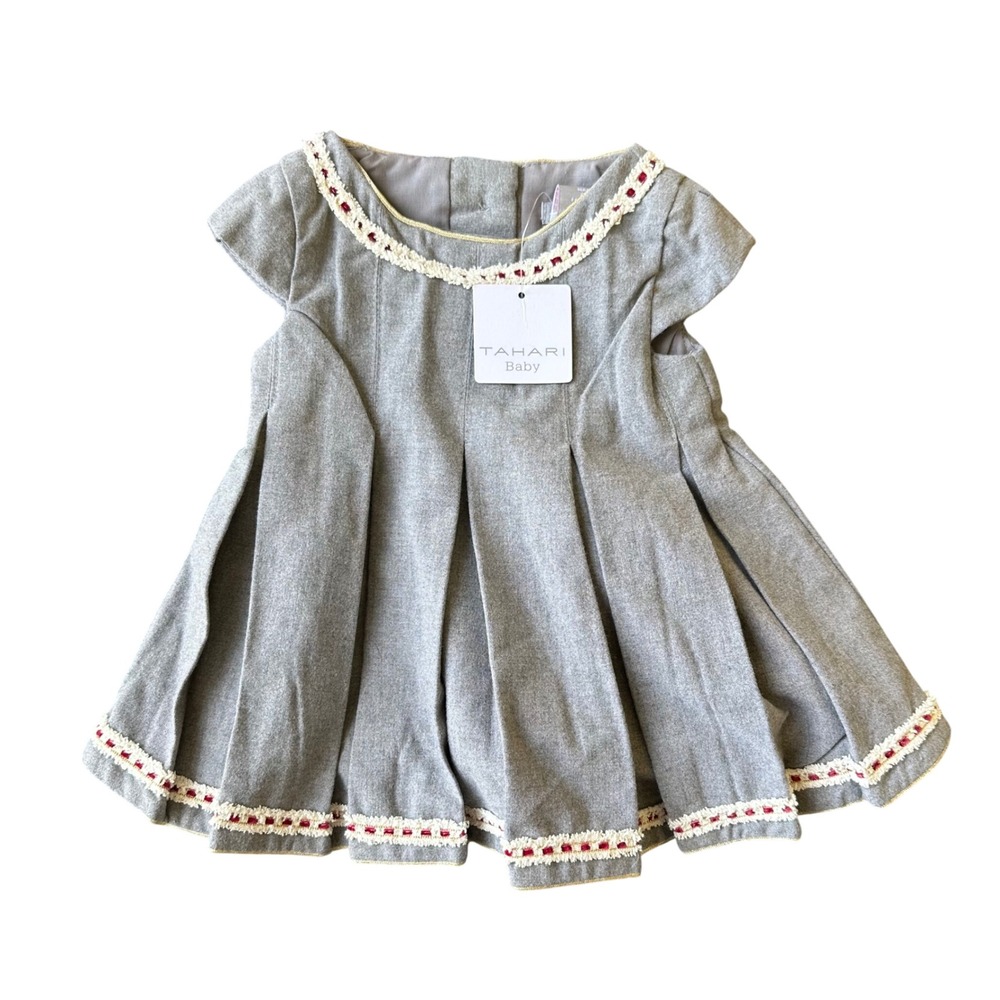 Tahari Baby Girls Gray Pleated Holiday Dress Crochet Trim Gold Buttons NWT 12M